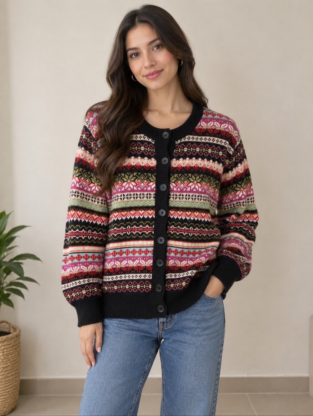 Vintage Tiara International Multicolor Fair Isle Button-Front Cardigan Sweater